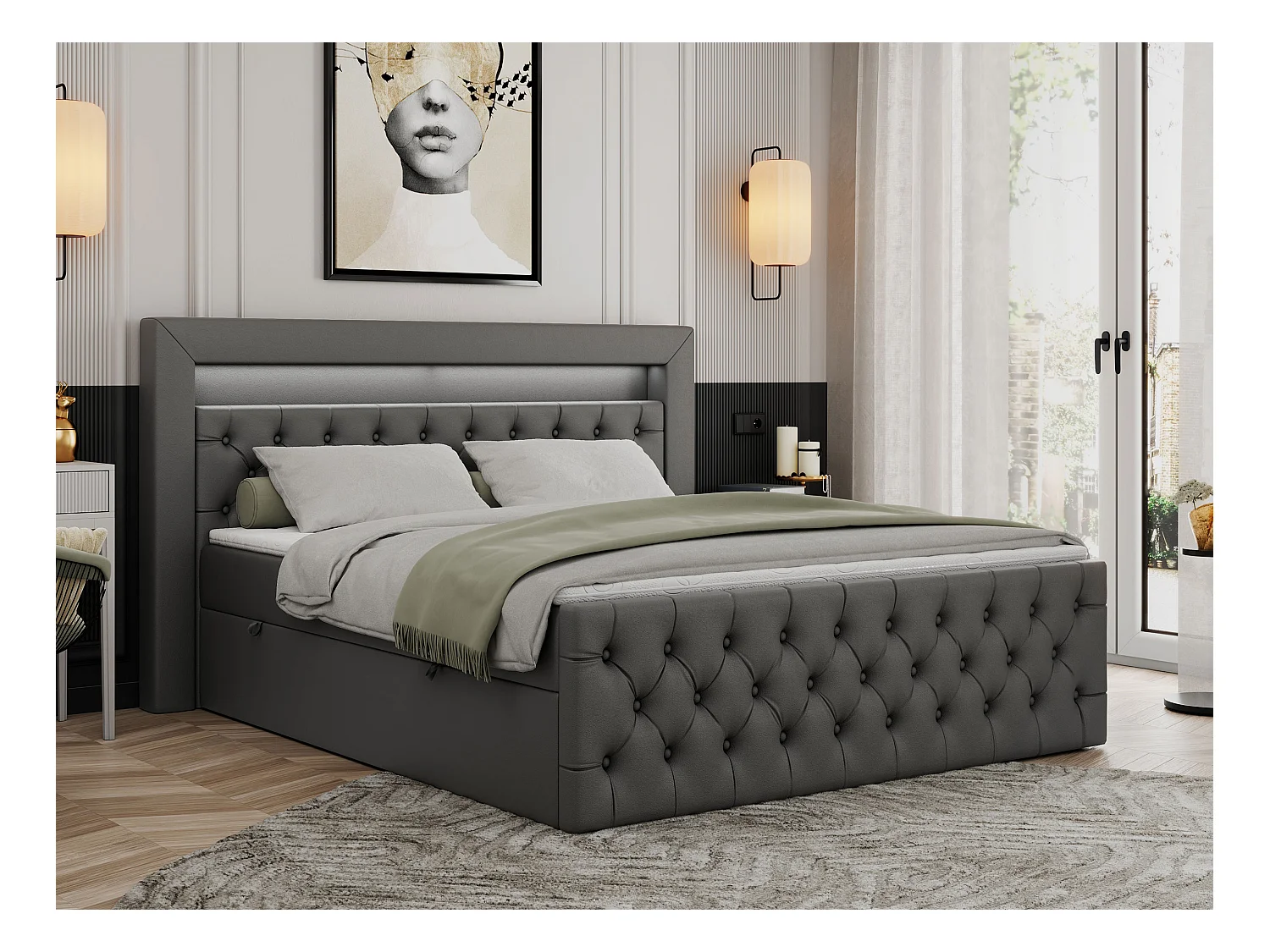 Boxspringbett GOLD 9 mit Stauraum, Multipocket-Matratze, gestepptes Bett, LED Beleuchtung - 180x200 cm - H3 - Dunkelgrau Kunstleder