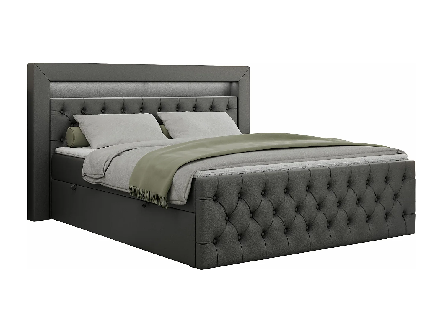 Boxspringbett GOLD 9 mit Stauraum, Multipocket-Matratze, gestepptes Bett, LED Beleuchtung - 180x200 cm - H3 - Dunkelgrau Kunstleder