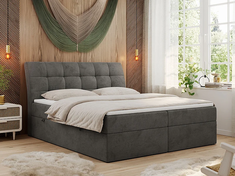 Boxspringbett DIEGOS mit Stauraum, gestepptem Kopfteil, Multipocket-Matratze - 160x200 cm - H3 - Dunkelgrau Velvet