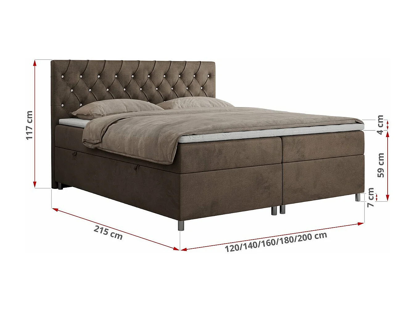 Boxspringbett ROMA mit gestepptem Kopfteil, Multipocket-Matratze, dekorative Füße - 200x200 cm - H4 - Braun Velvet