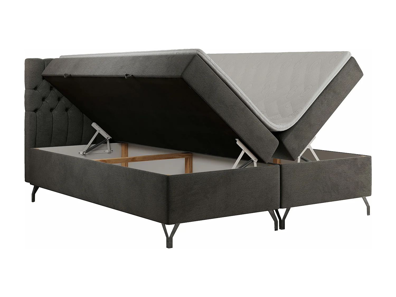 Boxspringbett GRIMALDI mit zwei Bettkästen, gesteppter Kopfstütze, Metallfüßen - 180x200 cm - H4 - Dunkelgrau Velvet