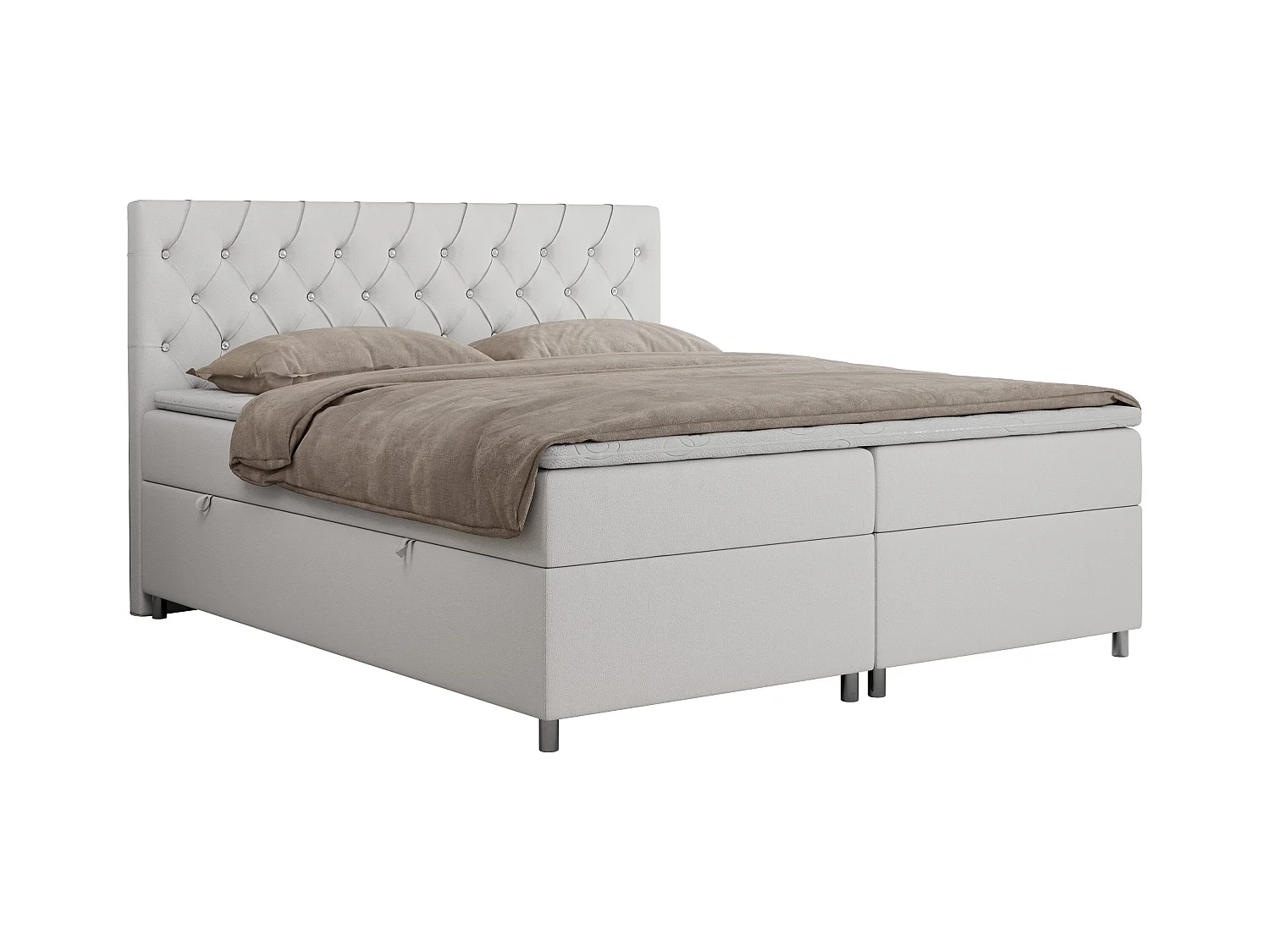 Boxspringbett ROMA mit gestepptem Kopfteil, Multipocket-Matratze, dekorative Füße - 120x200 cm - H4 - Weiß Kunstleder