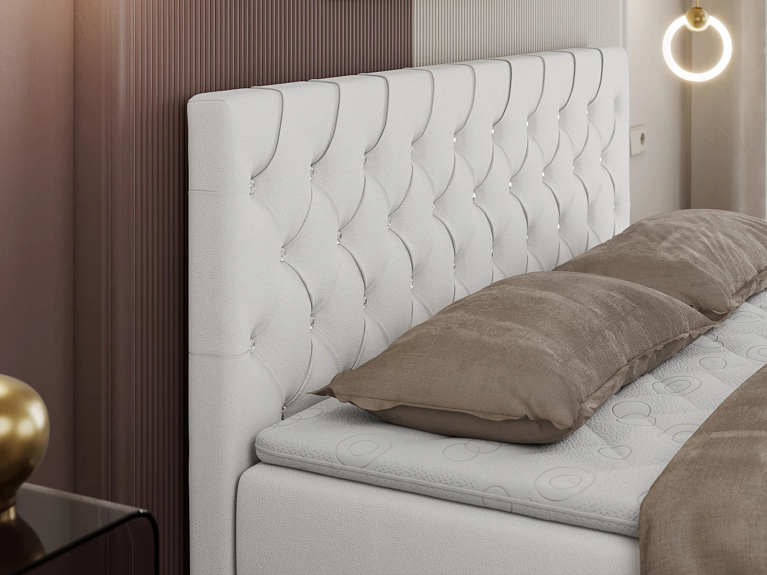 Boxspringbett ROMA mit gestepptem Kopfteil, Multipocket-Matratze, dekorative Füße - 120x200 cm - H4 - Weiß Kunstleder