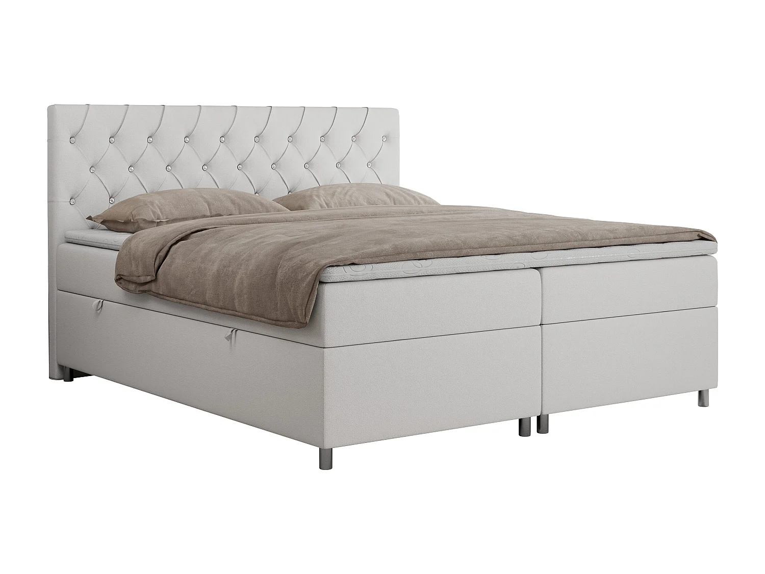 Boxspringbett ROMA mit gestepptem Kopfteil, Multipocket-Matratze, dekorative Füße - 120x200 cm - H4 - Weiß Kunstleder