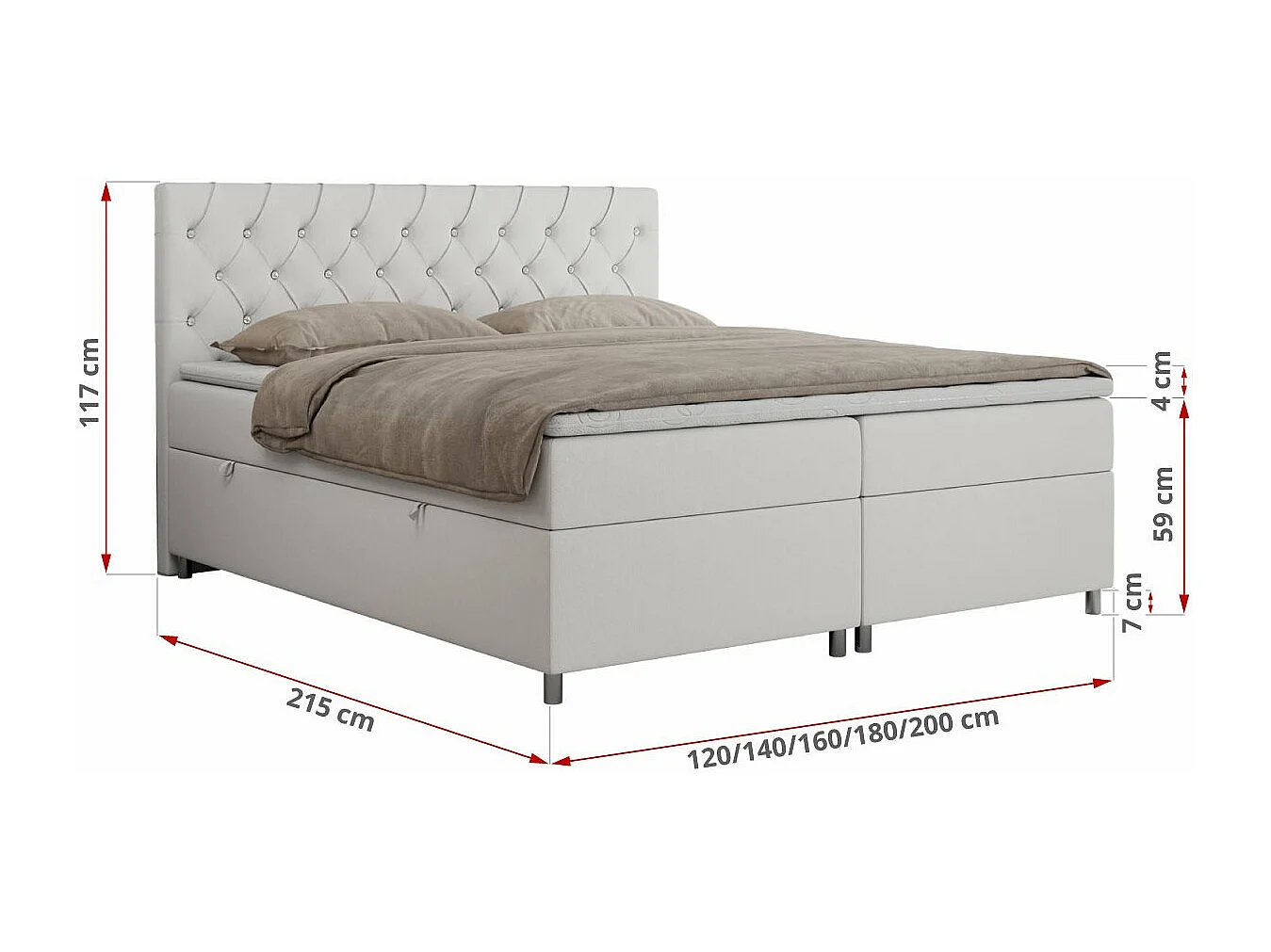 Boxspringbett ROMA mit gestepptem Kopfteil, Multipocket-Matratze, dekorative Füße - 120x200 cm - H4 - Weiß Kunstleder