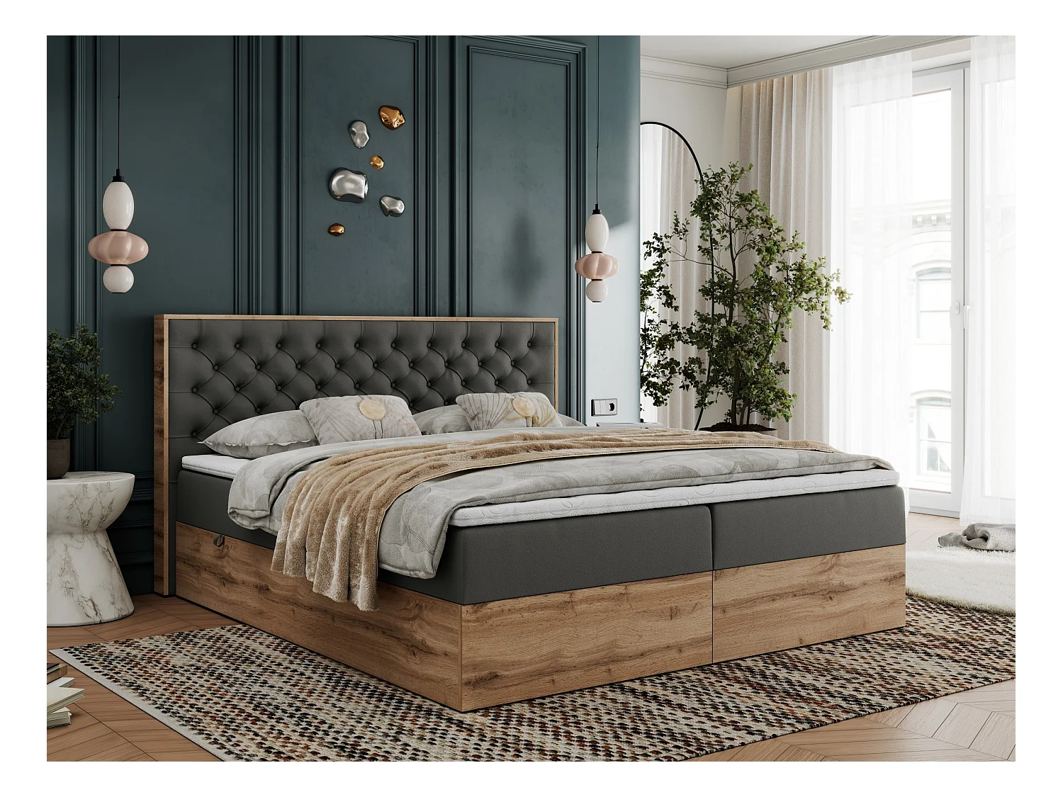 Boxspringbett ALBERO 3 - gesteppte Kopfstütze, Eiche Wotan Holzrahmen, Stauraum - 180x200 cm - H3 - Dunkelgrau Kunstleder