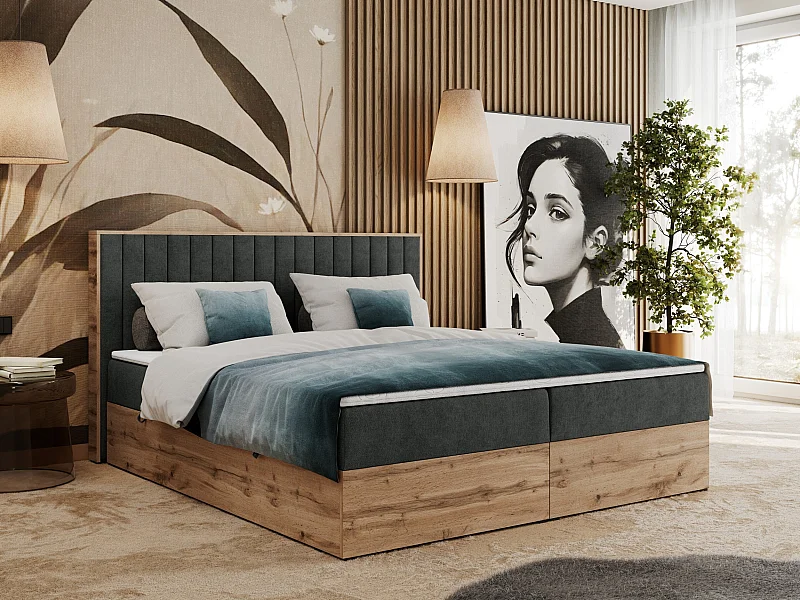 Boxspringbett ALBERO 4, Eiche Wotan Holzrahmen, mit Stauraum, genähtes Kopfteil - 200x200 cm - H3 - Dunkelgrau Strukture