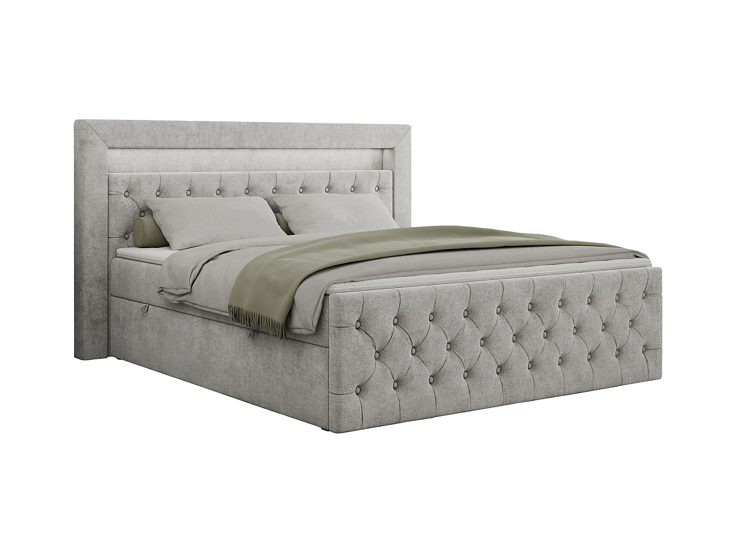 Boxspringbett GOLD 9 mit Stauraum, Multipocket-Matratze, gestepptes Bett, LED Beleuchtung - 200x200 cm - H4 - Hellgrau Strukture
