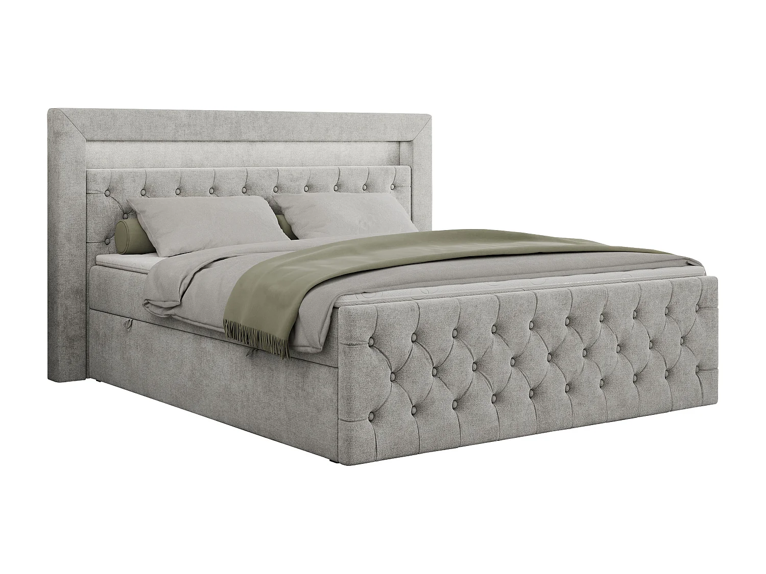 Boxspringbett GOLD 9 mit Stauraum, Multipocket-Matratze, gestepptes Bett, LED Beleuchtung - 200x200 cm - H4 - Hellgrau Strukture
