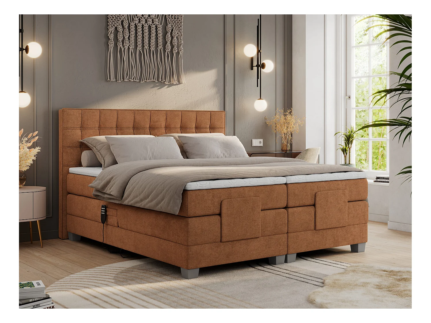 Boxspringbett ELEKTRO mit Multipocket-Matratze, Elektrisch verstellbare, genähtes Kopfteil - 160x200 cm - H4 - Orange Strukture