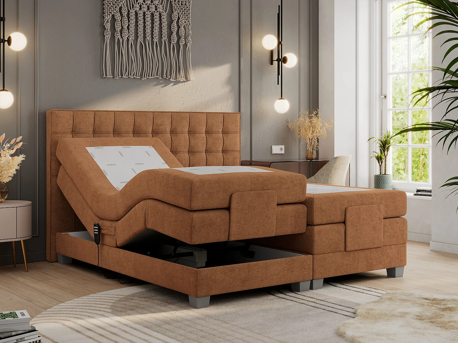 Boxspringbett ELEKTRO mit Multipocket-Matratze, Elektrisch verstellbare, genähtes Kopfteil - 160x200 cm - H4 - Orange Strukture
