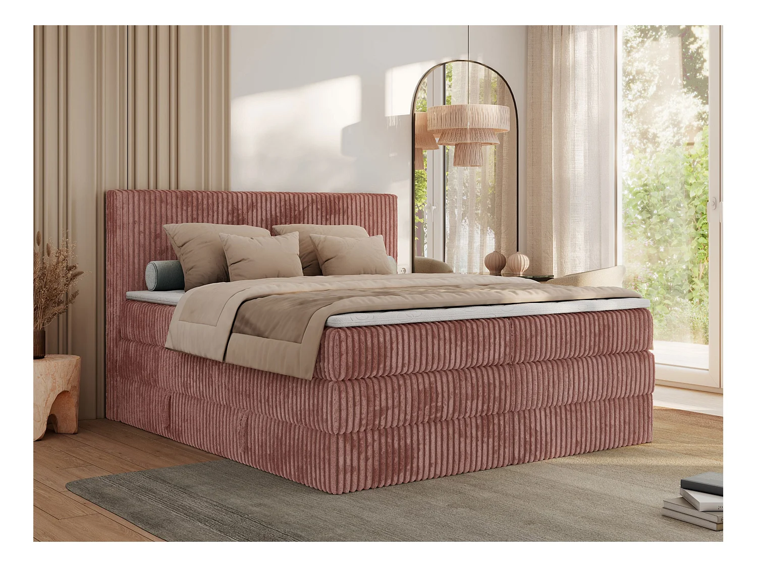 Boxspringbett TILIANO KING, Multipocket-Matratze, Cord Bett, Kopfteil und zwei Bettkästen - 180x200 cm - H3 - Rosa Cord