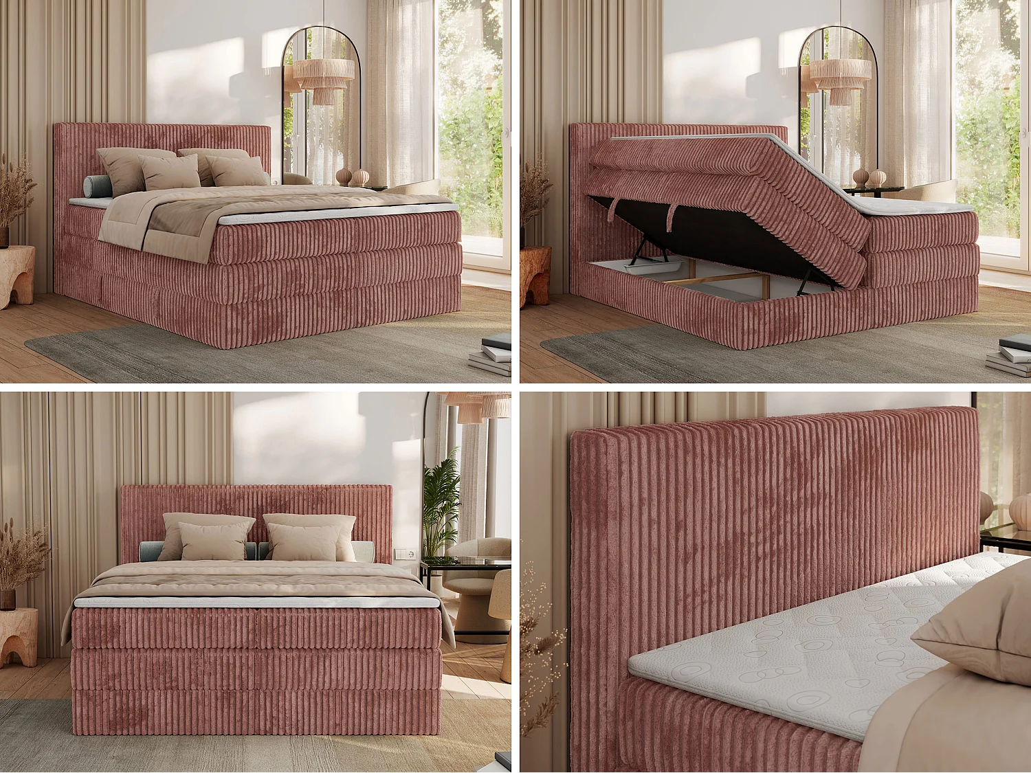 Boxspringbett TILIANO KING, Multipocket-Matratze, Cord Bett, Kopfteil und zwei Bettkästen - 180x200 cm - H3 - Rosa Cord