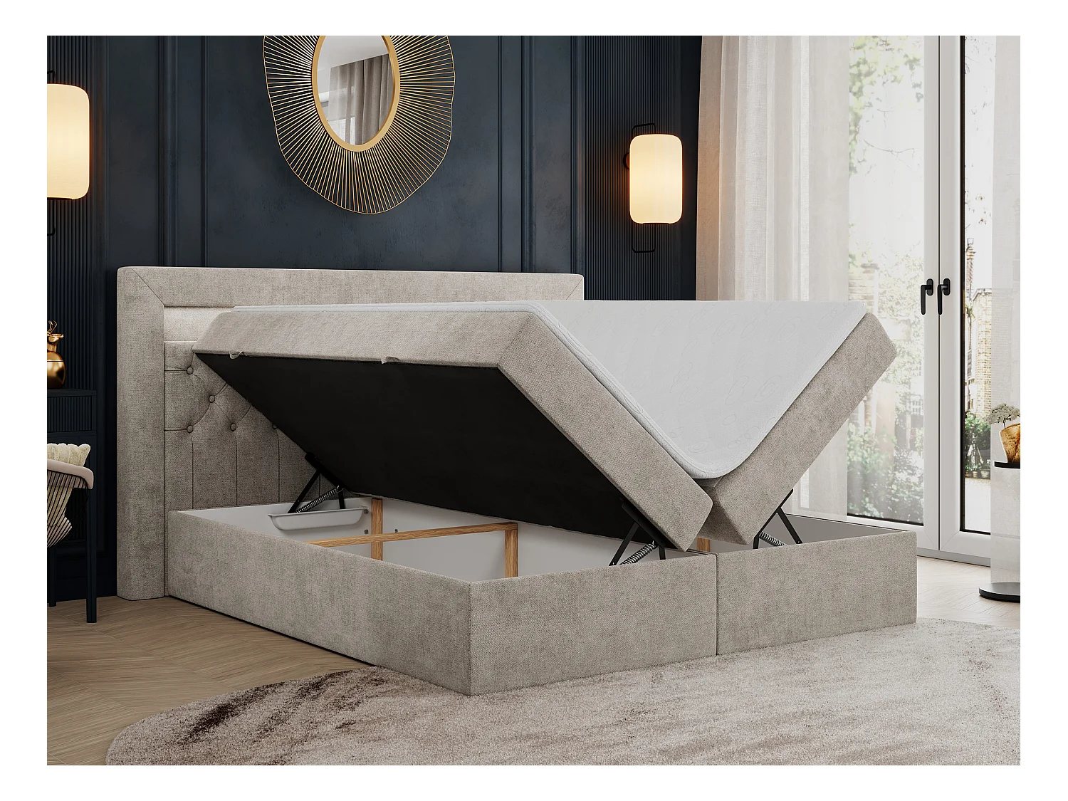 Boxspringbett GOLD 6, Doppelbett mit Stauraum, LED-Beleuchtung, gesteppte Kopfstütze - 140x200 cm - H4 - Beige Strukture