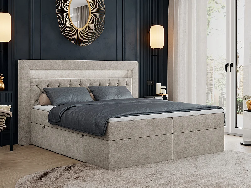 Boxspringbett GOLD 6, Doppelbett mit Stauraum, LED-Beleuchtung, gesteppte Kopfstütze - 140x200 cm - H4 - Beige Strukture