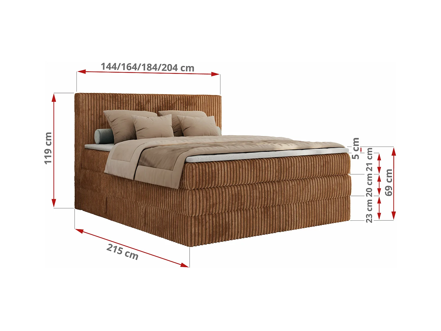 Boxspringbett TILIANO KING, Multipocket-Matratze, Cord Bett, Kopfteil und zwei Bettkästen - 140x200 cm - H3 - Orange Cord