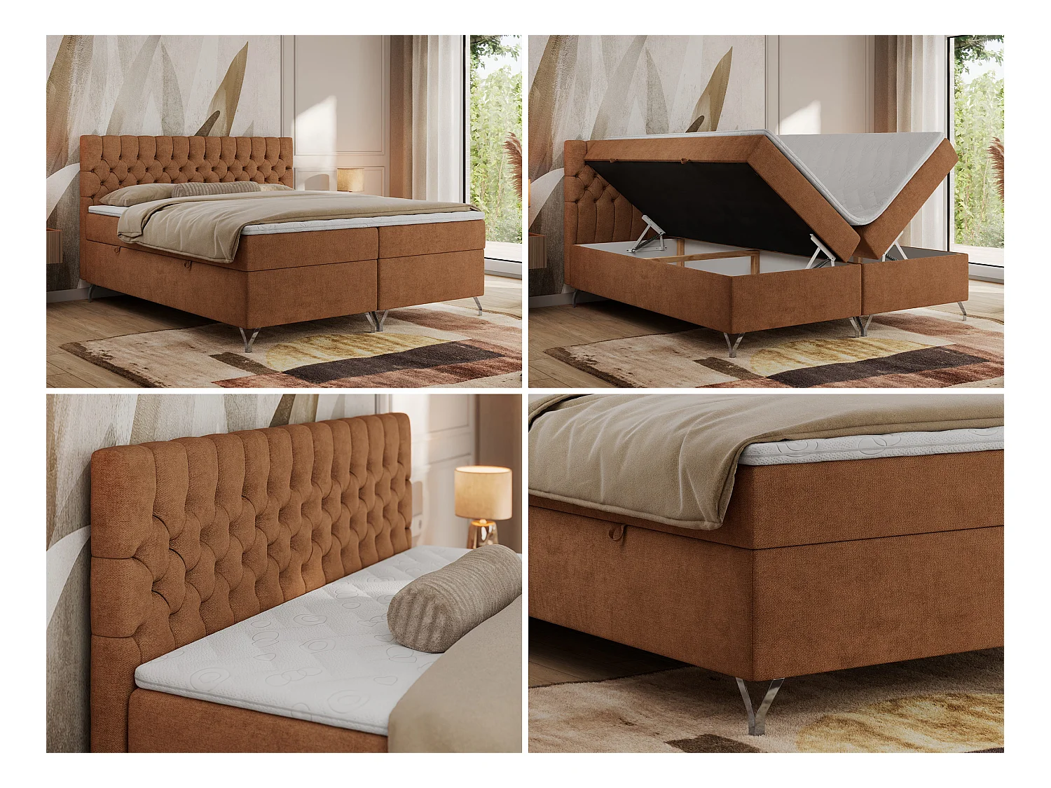 Boxspringbett GRIMALDI mit zwei Bettkästen, gesteppter Kopfstütze, Metallfüßen - 200x200 cm - H4 - Orange Strukture