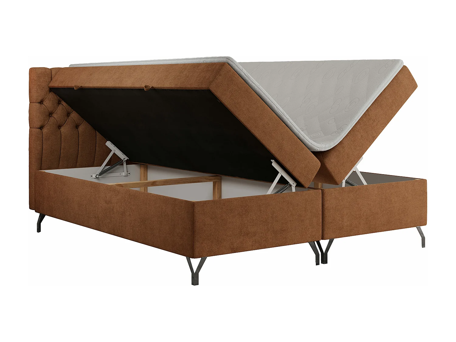 Boxspringbett GRIMALDI mit zwei Bettkästen, gesteppter Kopfstütze, Metallfüßen - 200x200 cm - H4 - Orange Strukture