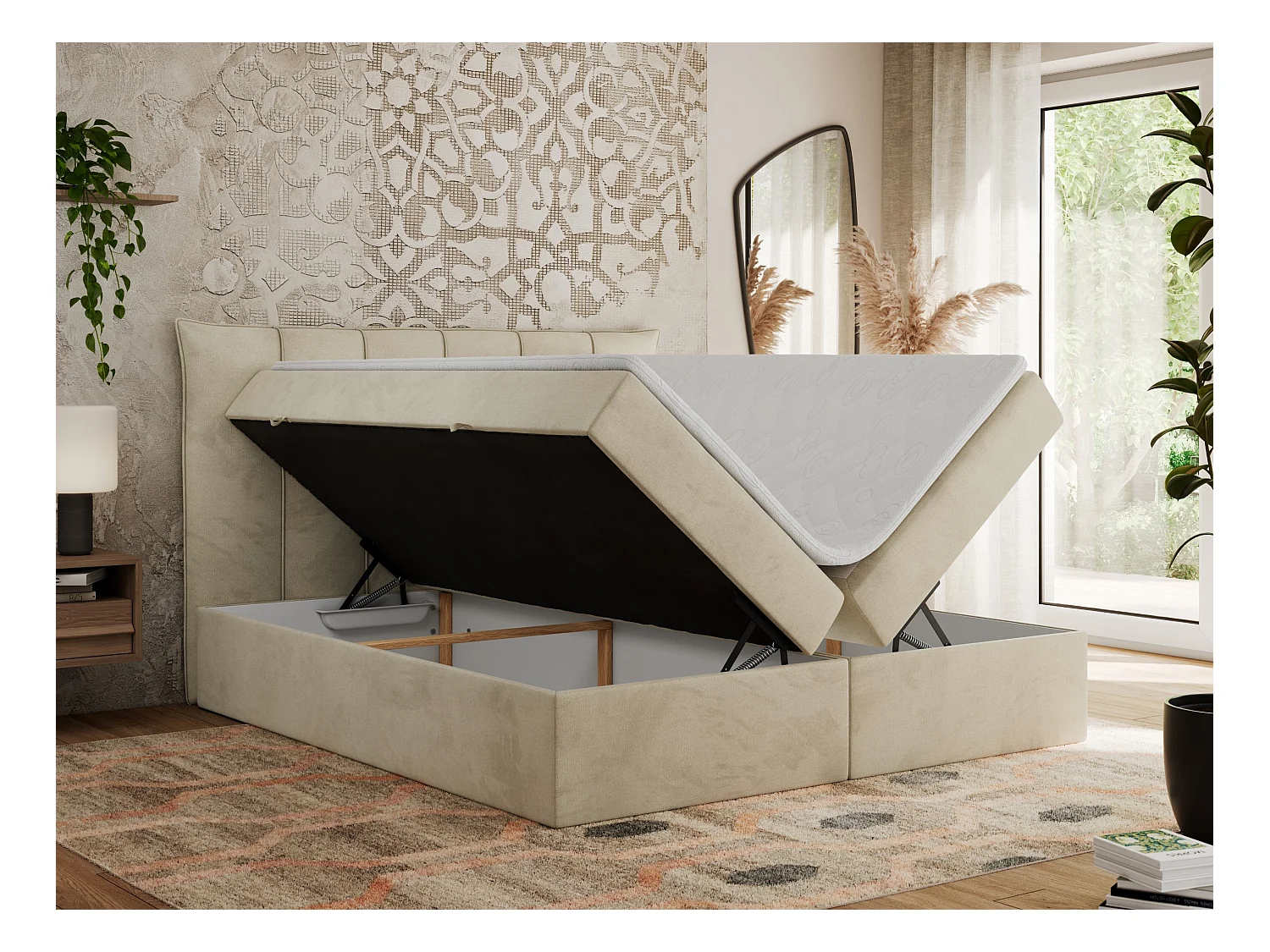 Boxspringbett PREMIUM 10 mit Multipocket-Matratze, gesteppte Kopfstütze, zwei Bettkästen - 160x200 cm - H3 - Creme Velvet