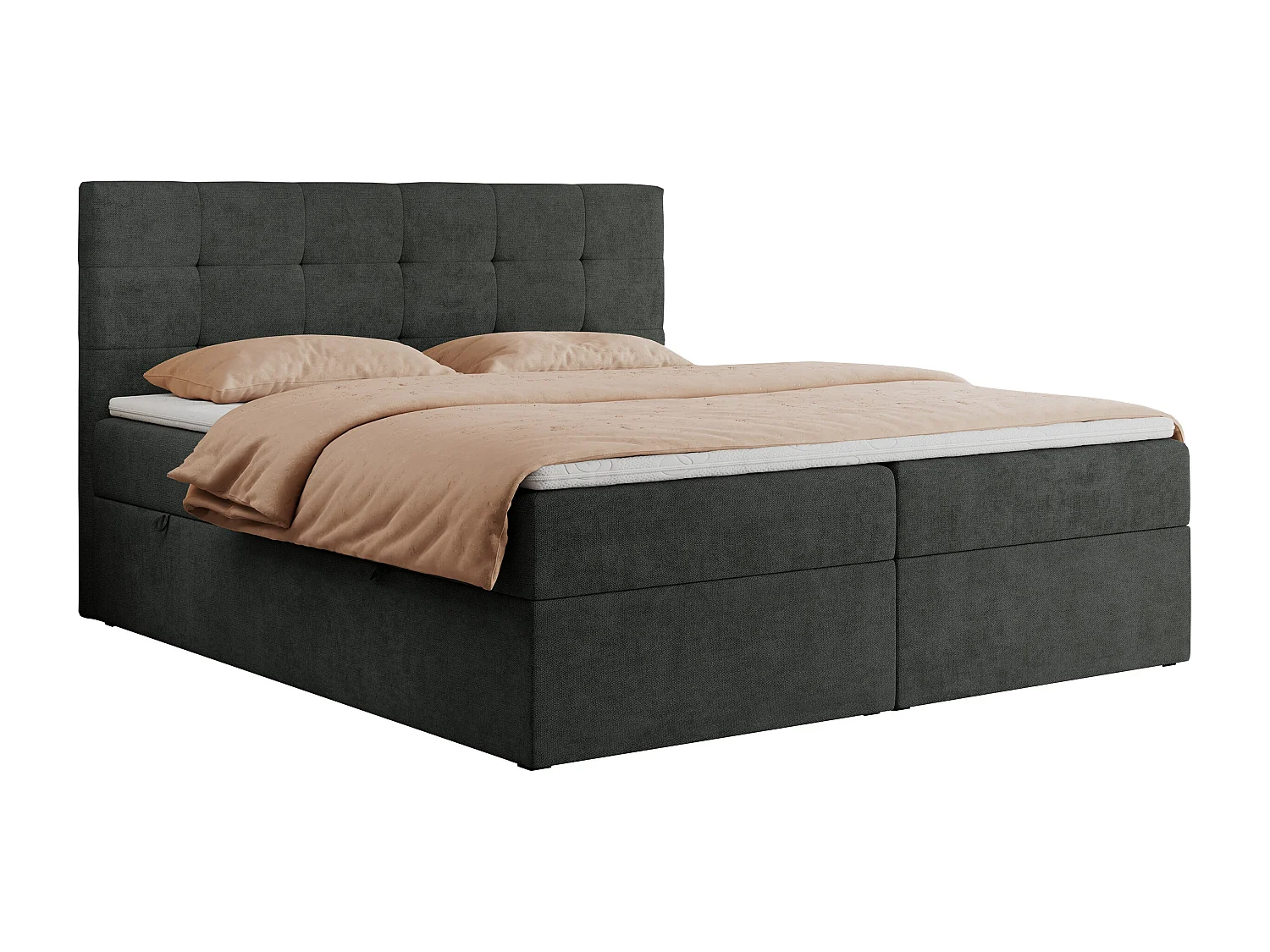Boxspringbett CENTOS mit gestepptem Kopfteil, Multipocket-Matratze, Doppelbett mit Stauraum - 180x200 cm - H4 - Dunkelgrau Struktur