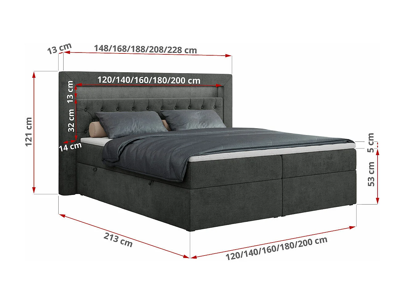 Boxspringbett GOLD 6, Doppelbett mit Stauraum, LED-Beleuchtung, gesteppte Kopfstütze - 140x200 cm - H3 - Dunkelgrau Strukture