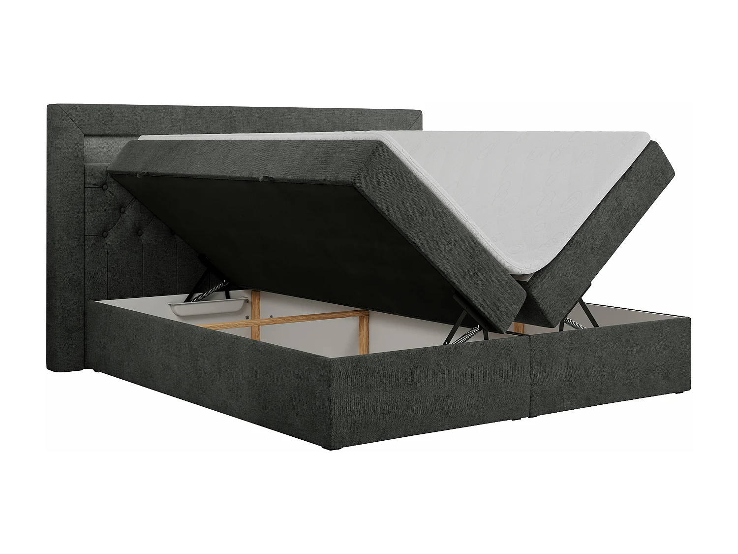 Boxspringbett GOLD 6, Doppelbett mit Stauraum, LED-Beleuchtung, gesteppte Kopfstütze - 140x200 cm - H3 - Dunkelgrau Strukture