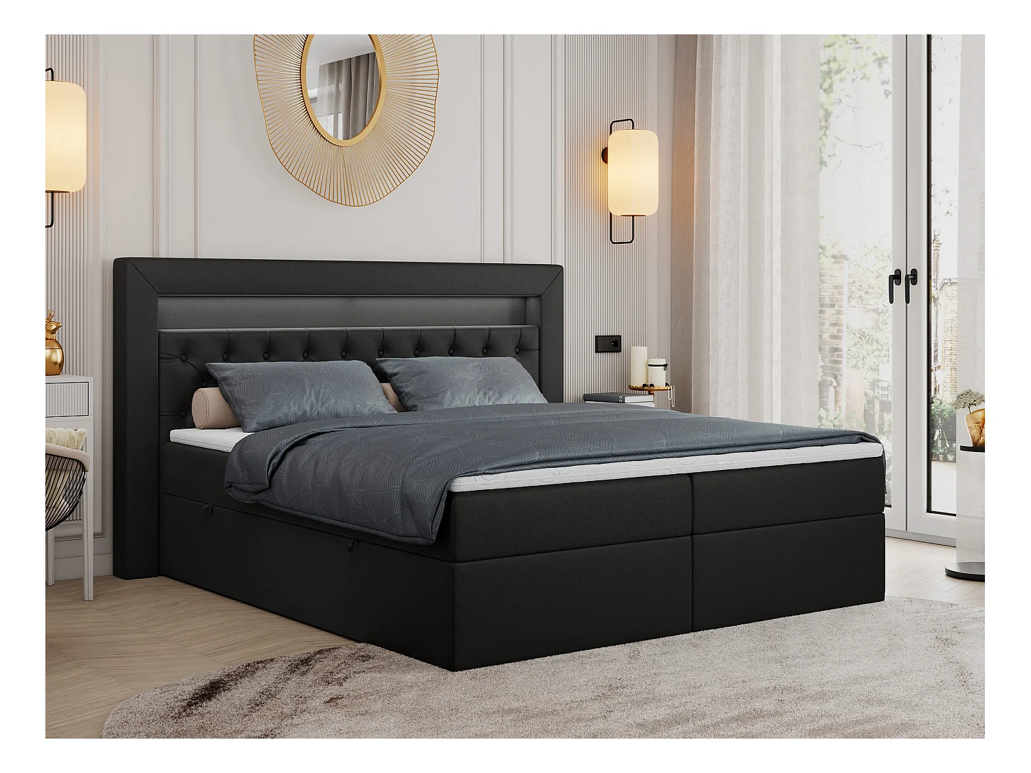Boxspringbett GOLD 6, Doppelbett mit Stauraum, LED-Beleuchtung, gesteppte Kopfstütze - 180x200 cm - H3 - Schwarz Kunstleder