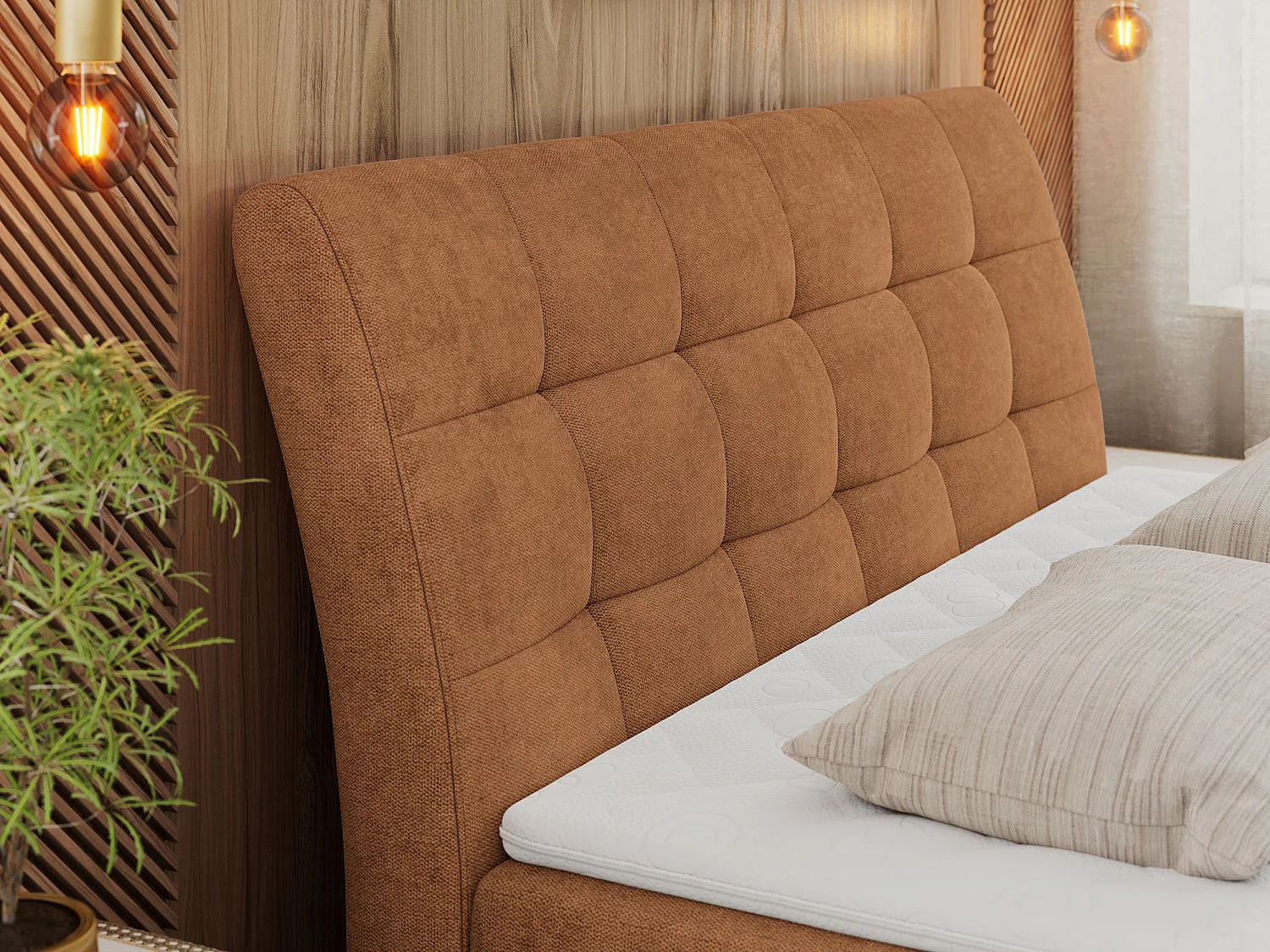 Boxspringbett DIEGOS mit Stauraum, gestepptem Kopfteil, Multipocket-Matratze - 120x200 cm - H4 - Orange Strukture