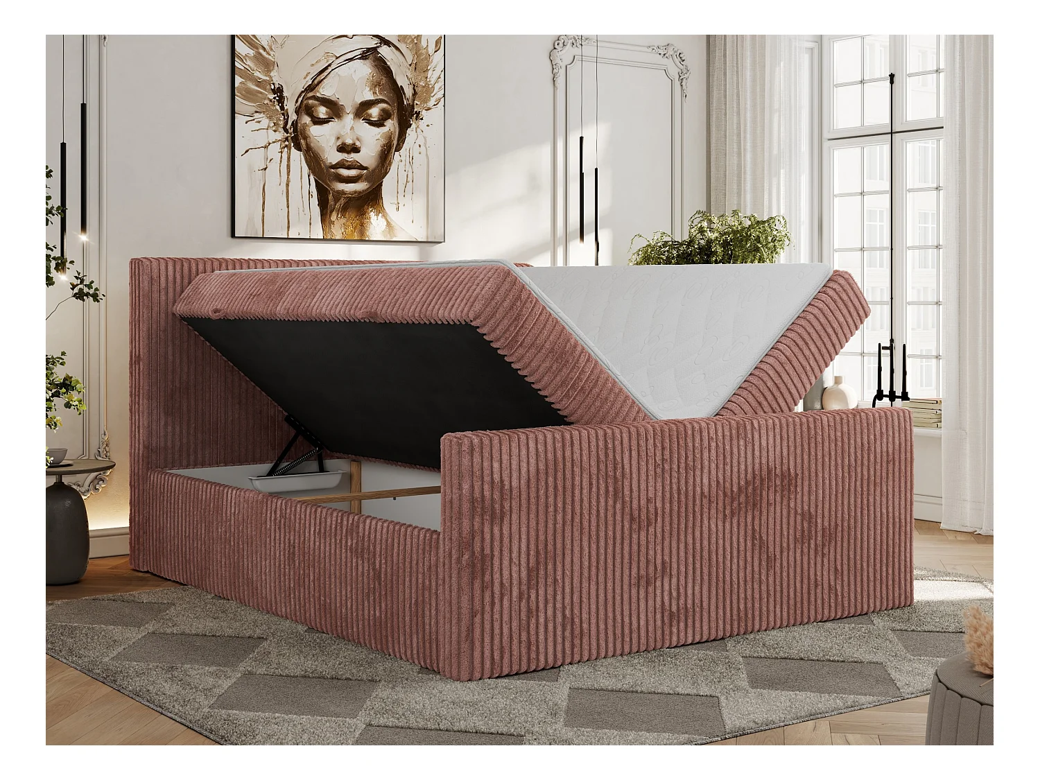 Boxspringbett TILIANO DUO mit gepolstertem Fußteil, Cord Bett, Multipocket-Matratze - 200x200 cm - H4 - Rosa Cord