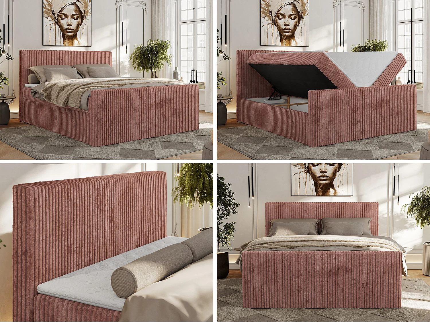 Boxspringbett TILIANO DUO mit gepolstertem Fußteil, Cord Bett, Multipocket-Matratze - 200x200 cm - H4 - Rosa Cord