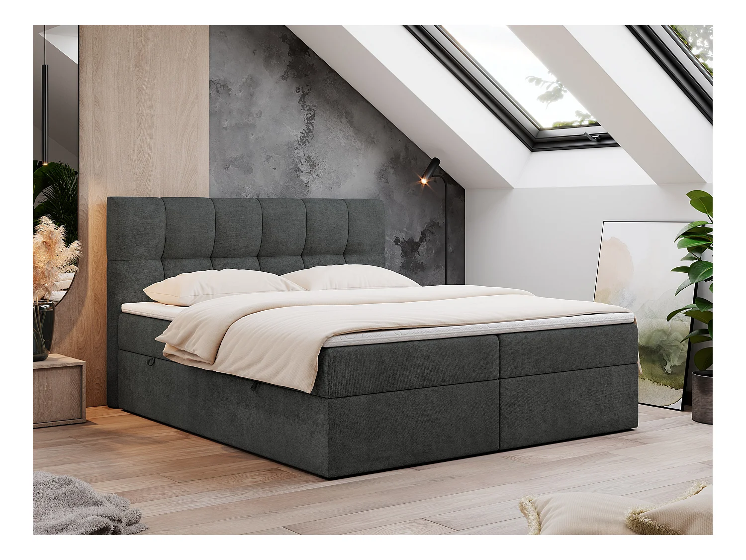 Boxspringbett RICO, Doppelbett mit Matratze, zwei Bettkästen, Bett mit Kopfteil - 120x200 cm - H3 - Dunkelgrau Stukture