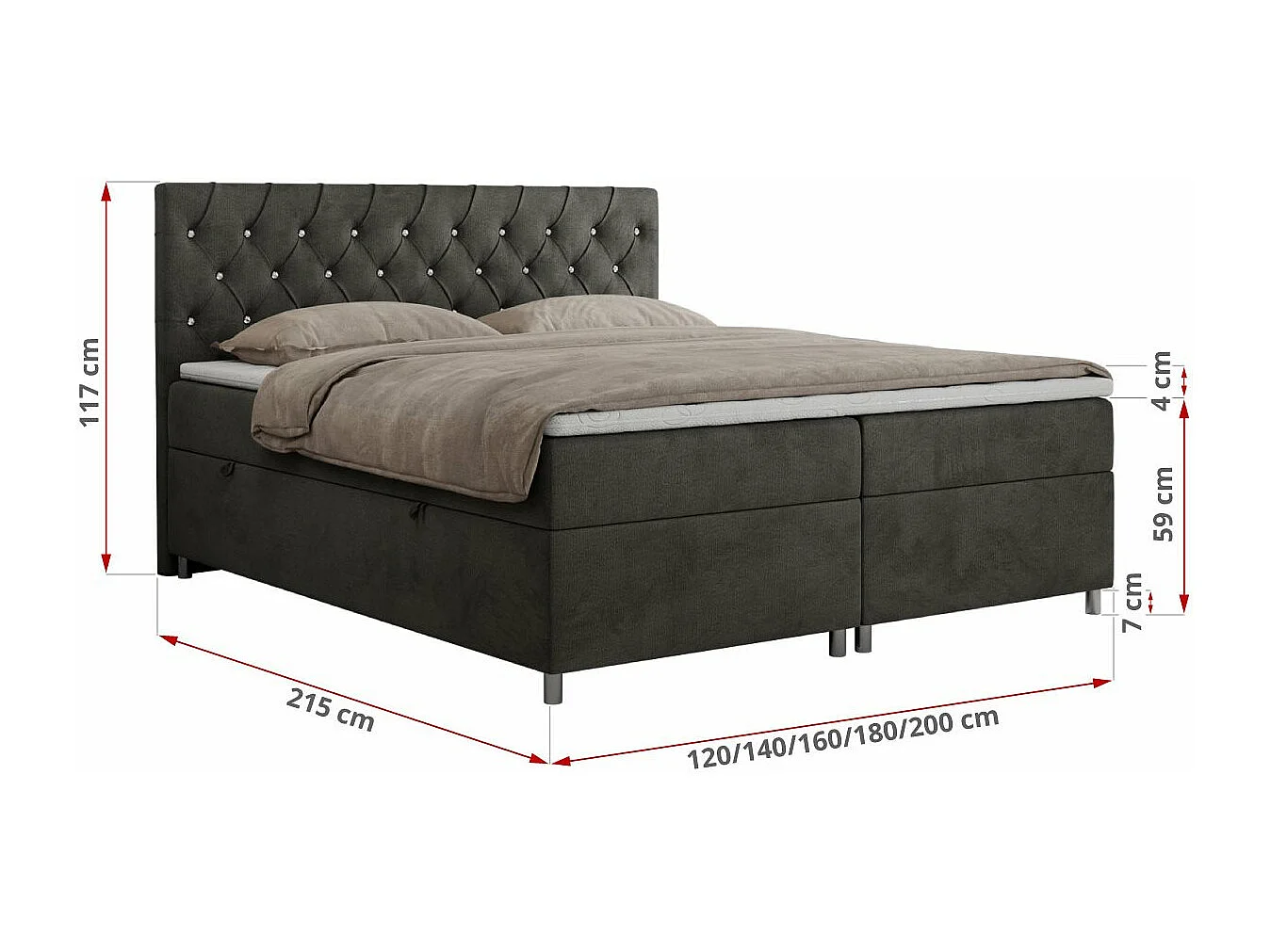 Boxspringbett ROMA mit gestepptem Kopfteil, Multipocket-Matratze, dekorative Füße - 120x200 cm - H4 - Dunkelgrau Velvet