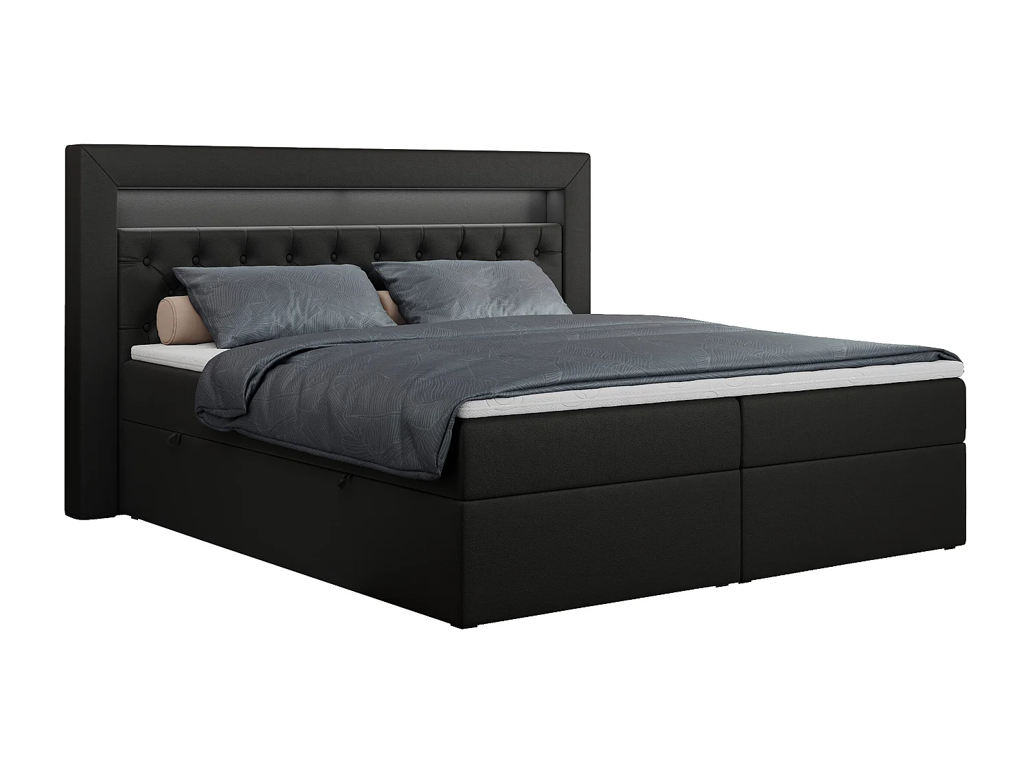 Boxspringbett GOLD 6, Doppelbett mit Stauraum, LED-Beleuchtung, gesteppte Kopfstütze - 120x200 cm - H3 - Schwarz Kunstleder