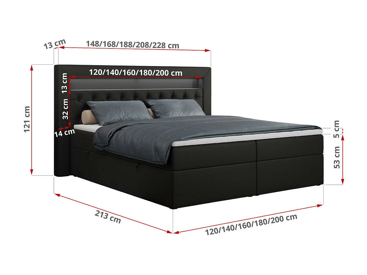 Boxspringbett GOLD 6, Doppelbett mit Stauraum, LED-Beleuchtung, gesteppte Kopfstütze - 120x200 cm - H3 - Schwarz Kunstleder