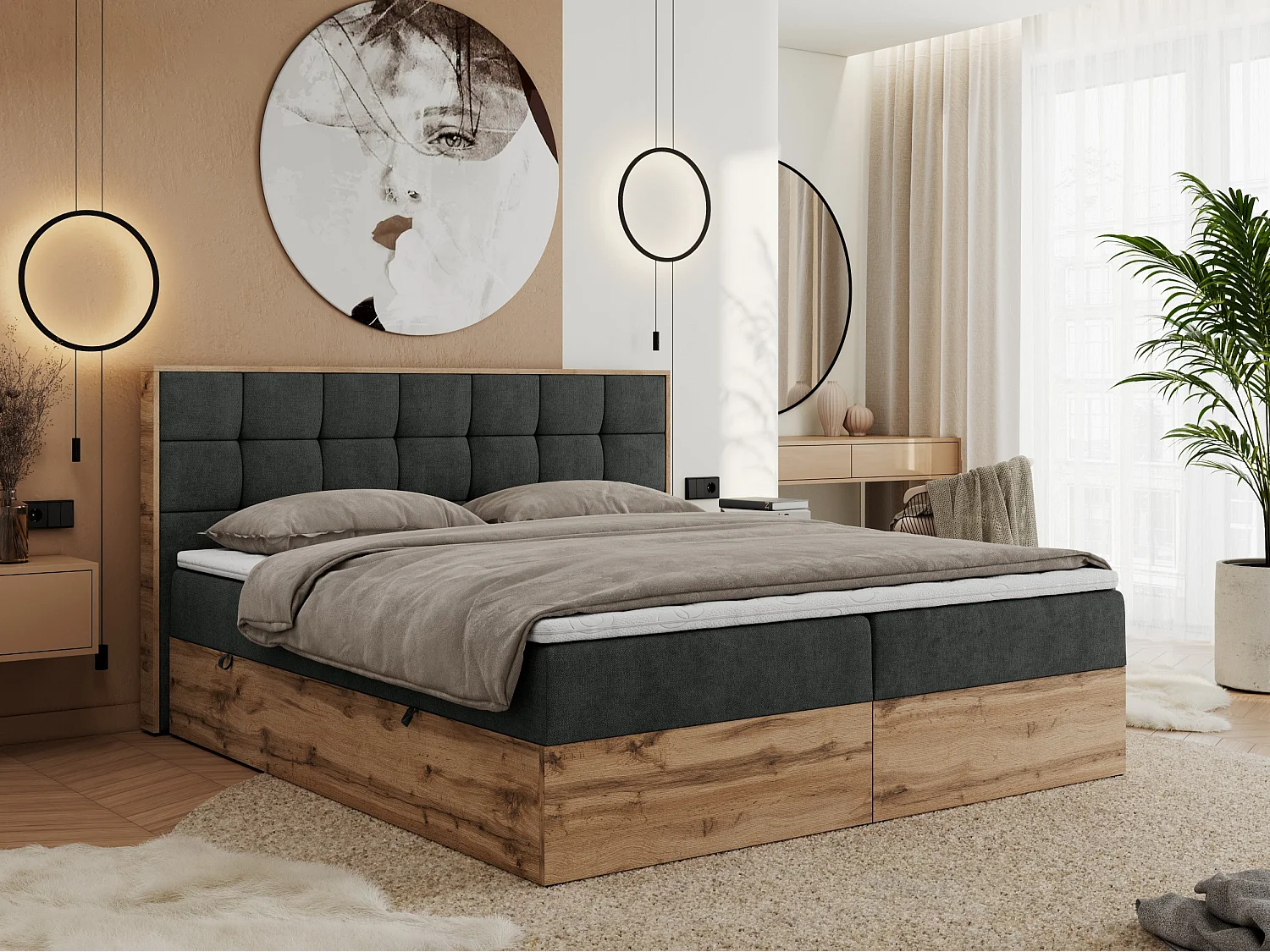 Boxspringbett ALBERO 1, Polsterbett mit gestepptem Kopfteil, Multipocket-Matratze - 140x200 cm - H4 - Dunkelgrau Strukture