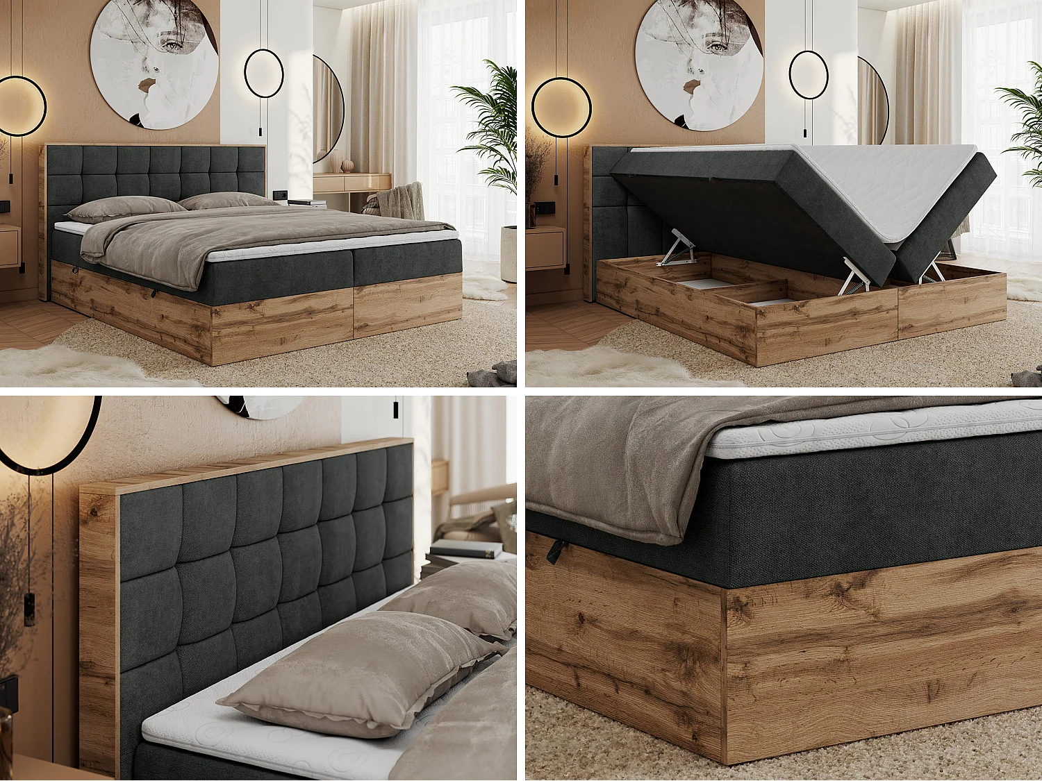 Boxspringbett ALBERO 1, Polsterbett mit gestepptem Kopfteil, Multipocket-Matratze - 140x200 cm - H4 - Dunkelgrau Strukture