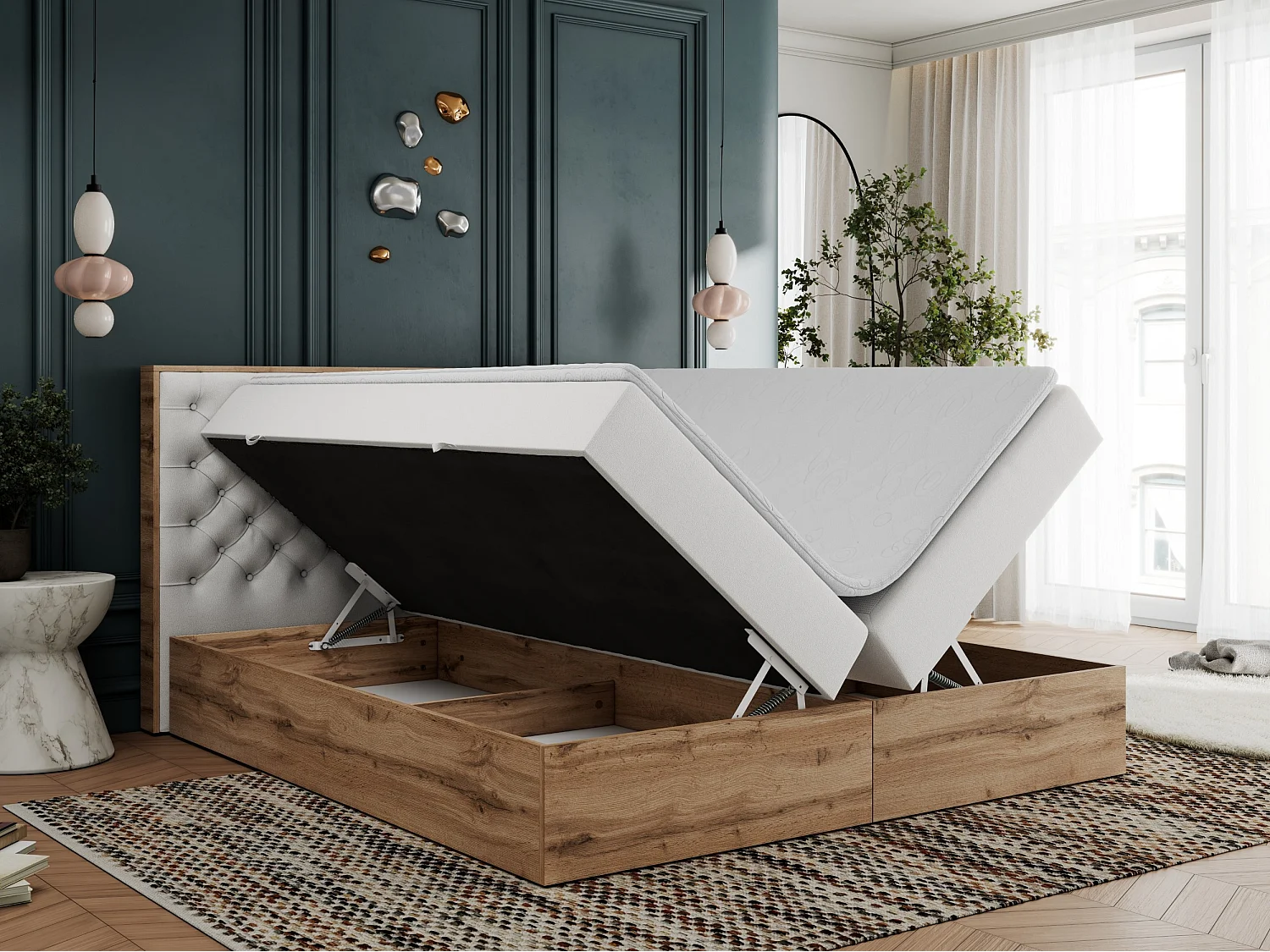 Boxspringbett ALBERO 3 - gesteppte Kopfstütze, Eiche Wotan Holzrahmen, Stauraum - 160x200 cm - H3 - Weiß Kunstleder