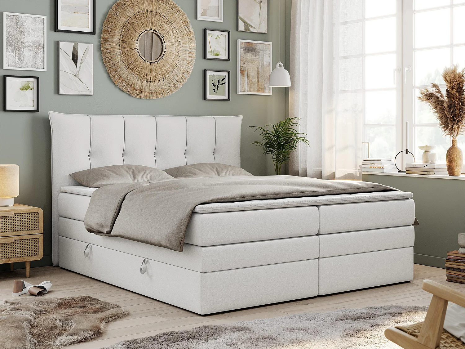Boxspringbett PREMIUM 10 KING, Doppelbett mit Stauraum, gesteppte Kopfstütze, Multipocket-Matratze - 160x200 cm - H4 - Weiß Kunstleder