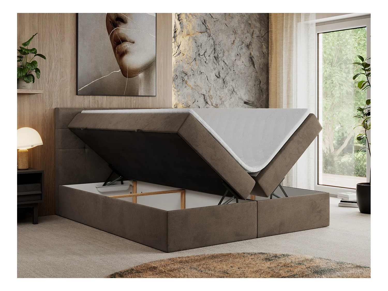 Boxspringbett CENTOS mit gestepptem Kopfteil, Multipocket-Matratze, Doppelbett mit Stauraum - 160x200 cm - H3 - Braun Velvet