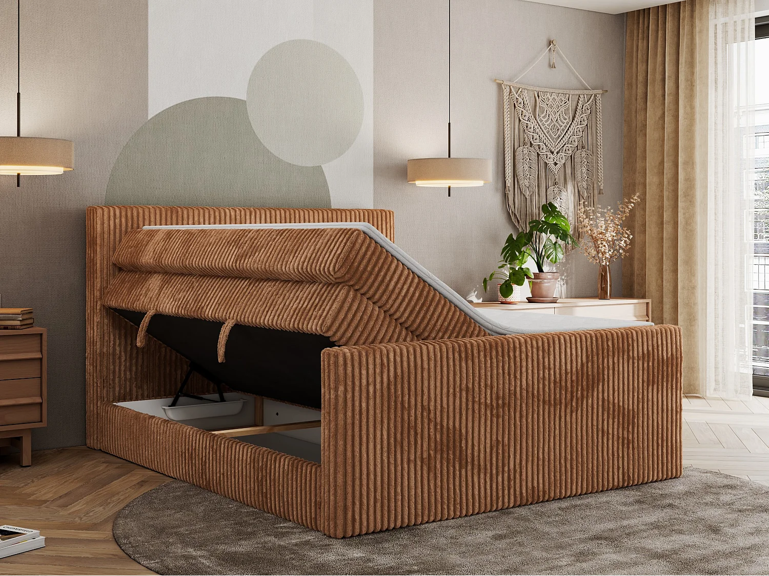 Boxspringbett TILIANO KING DUO, mit zwei Bettkästen, Cord Bett Multipocket-Matratze - 200x200 cm - H4 - Orange Cord