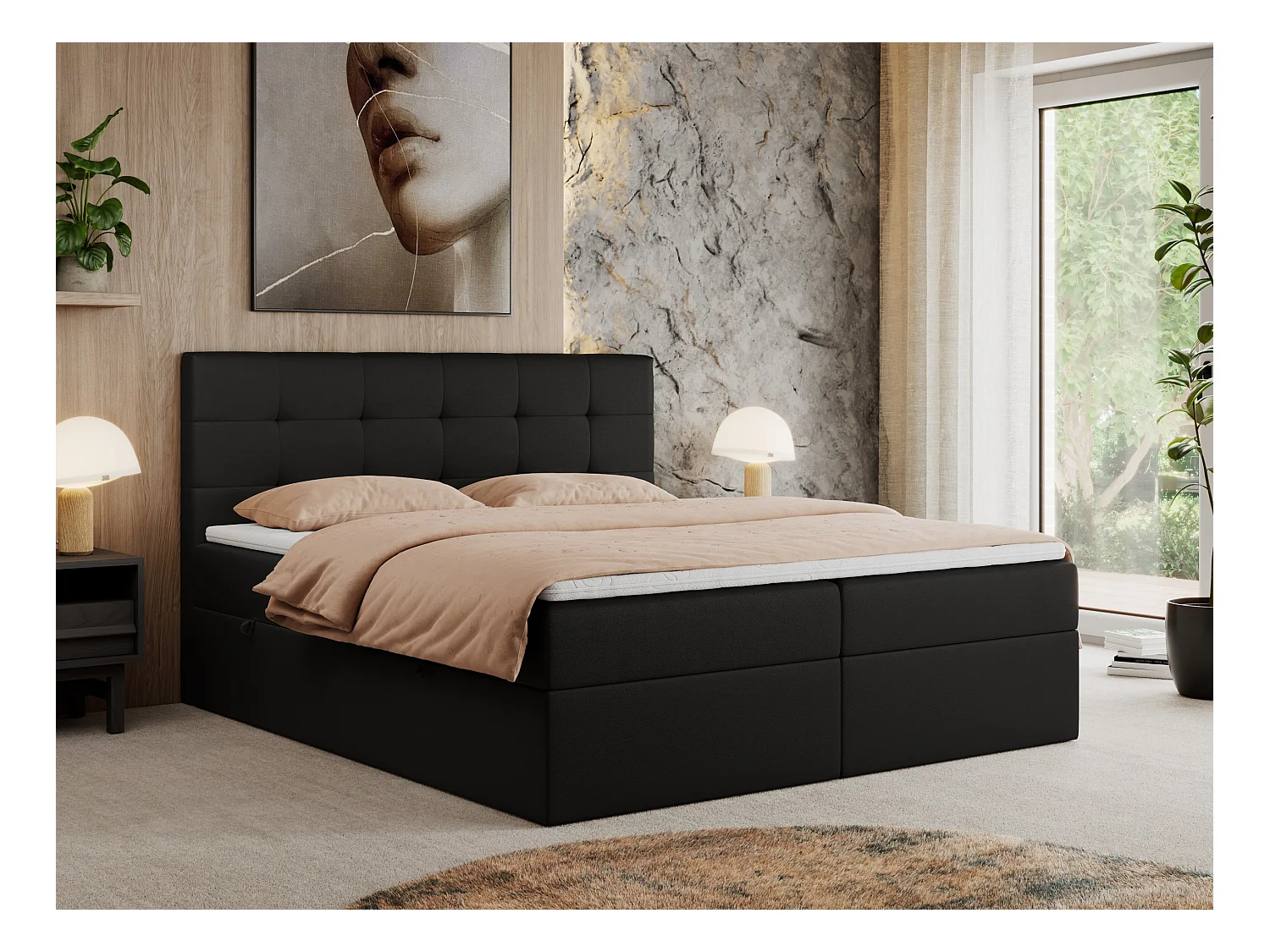 Boxspringbett CENTOS mit gestepptem Kopfteil, Multipocket-Matratze, Doppelbett mit Stauraum - 120x200 cm - H3 - Schwarz Kunstleder