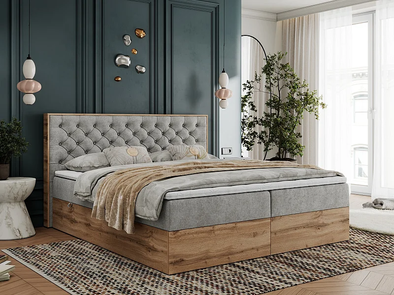 Boxspringbett ALBERO 3 - gesteppte Kopfstütze, Eiche Wotan Holzrahmen, Stauraum - 140x200 cm - H4 - Hellgrau Strukture