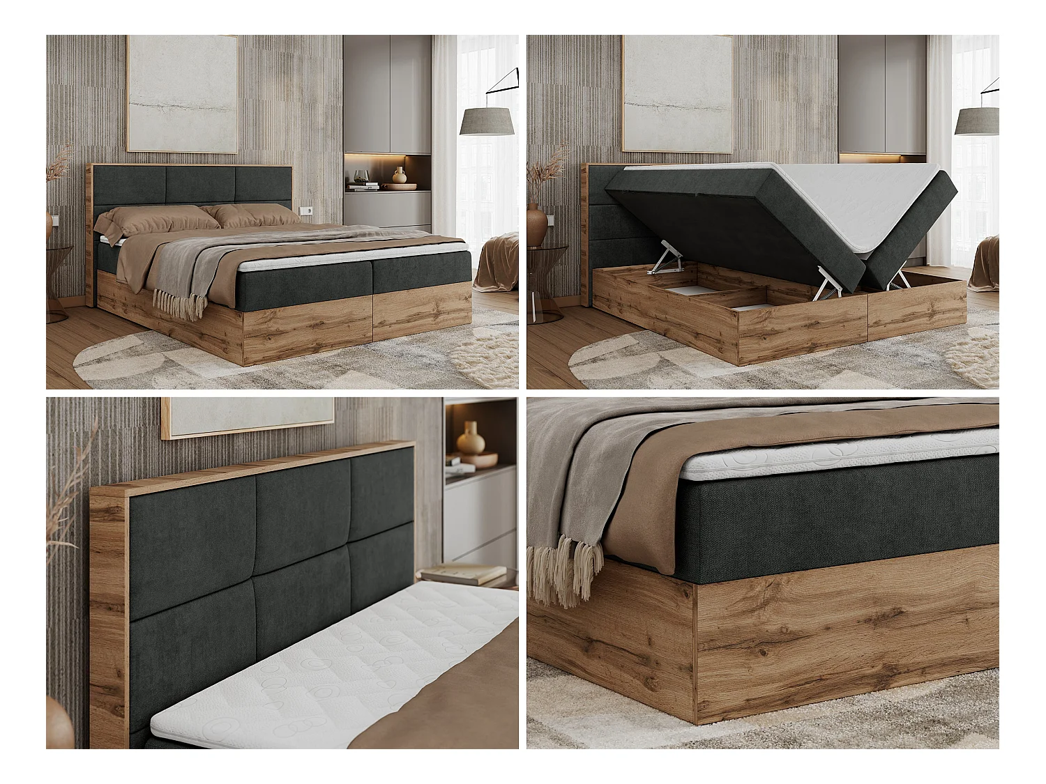 Boxspringbett ALBERO 2 mit Topper und Multipocket-Matratze, Stauraum, Holzrahmen - 200x200 cm - H4 - Dunkelgrau Strukture