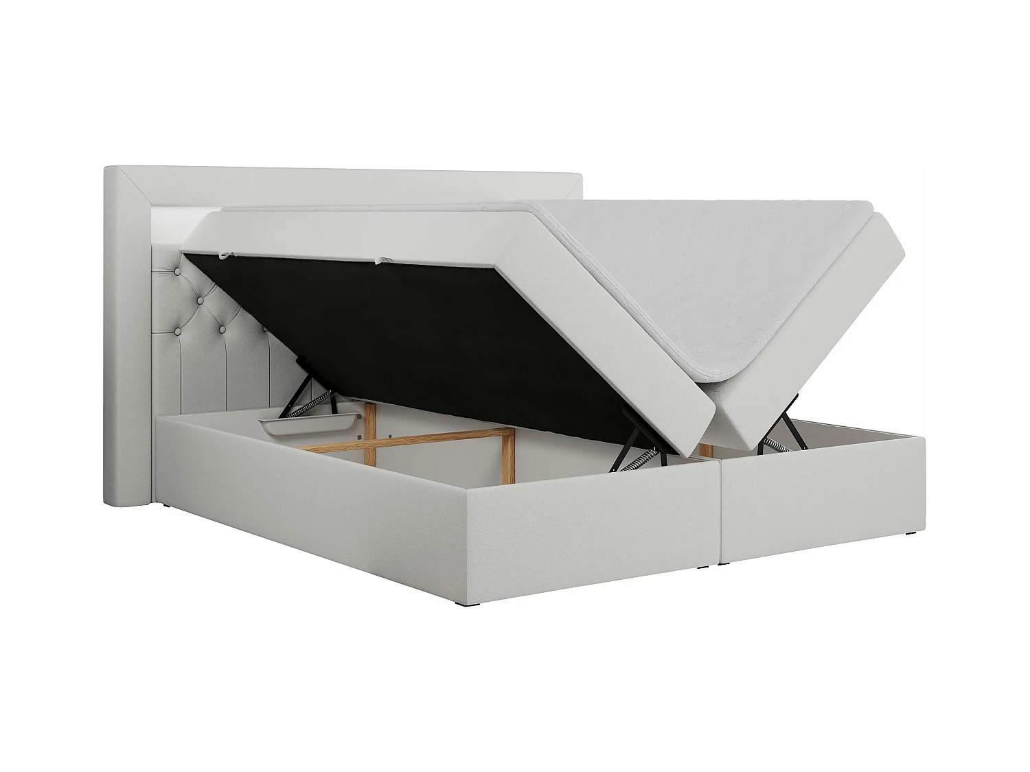 Boxspringbett GOLD 6, Doppelbett mit Stauraum, LED-Beleuchtung, gesteppte Kopfstütze - 200x200 cm - H4 - Weiß Kunstleder