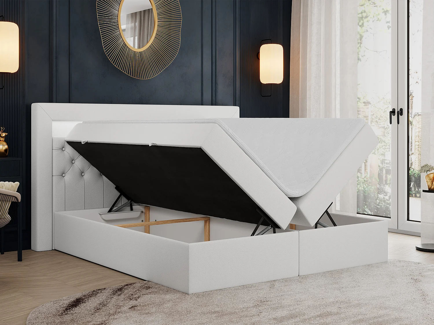 Boxspringbett GOLD 6, Doppelbett mit Stauraum, LED-Beleuchtung, gesteppte Kopfstütze - 200x200 cm - H4 - Weiß Kunstleder