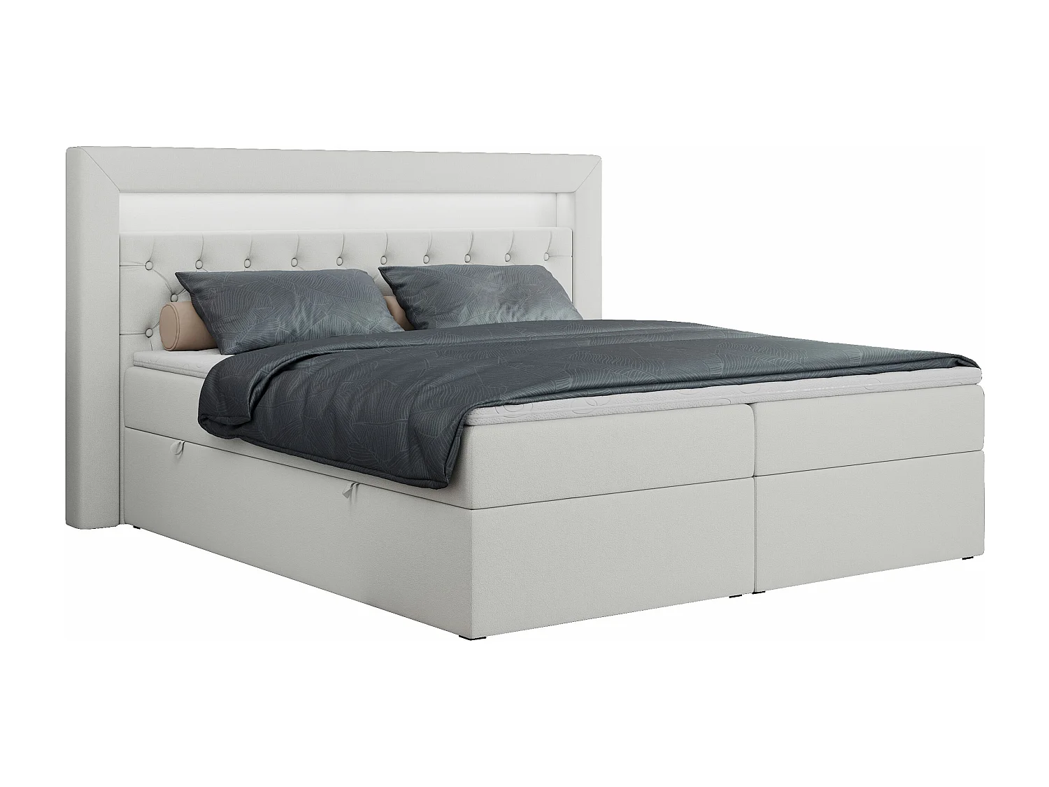 Boxspringbett GOLD 6, Doppelbett mit Stauraum, LED-Beleuchtung, gesteppte Kopfstütze - 200x200 cm - H4 - Weiß Kunstleder