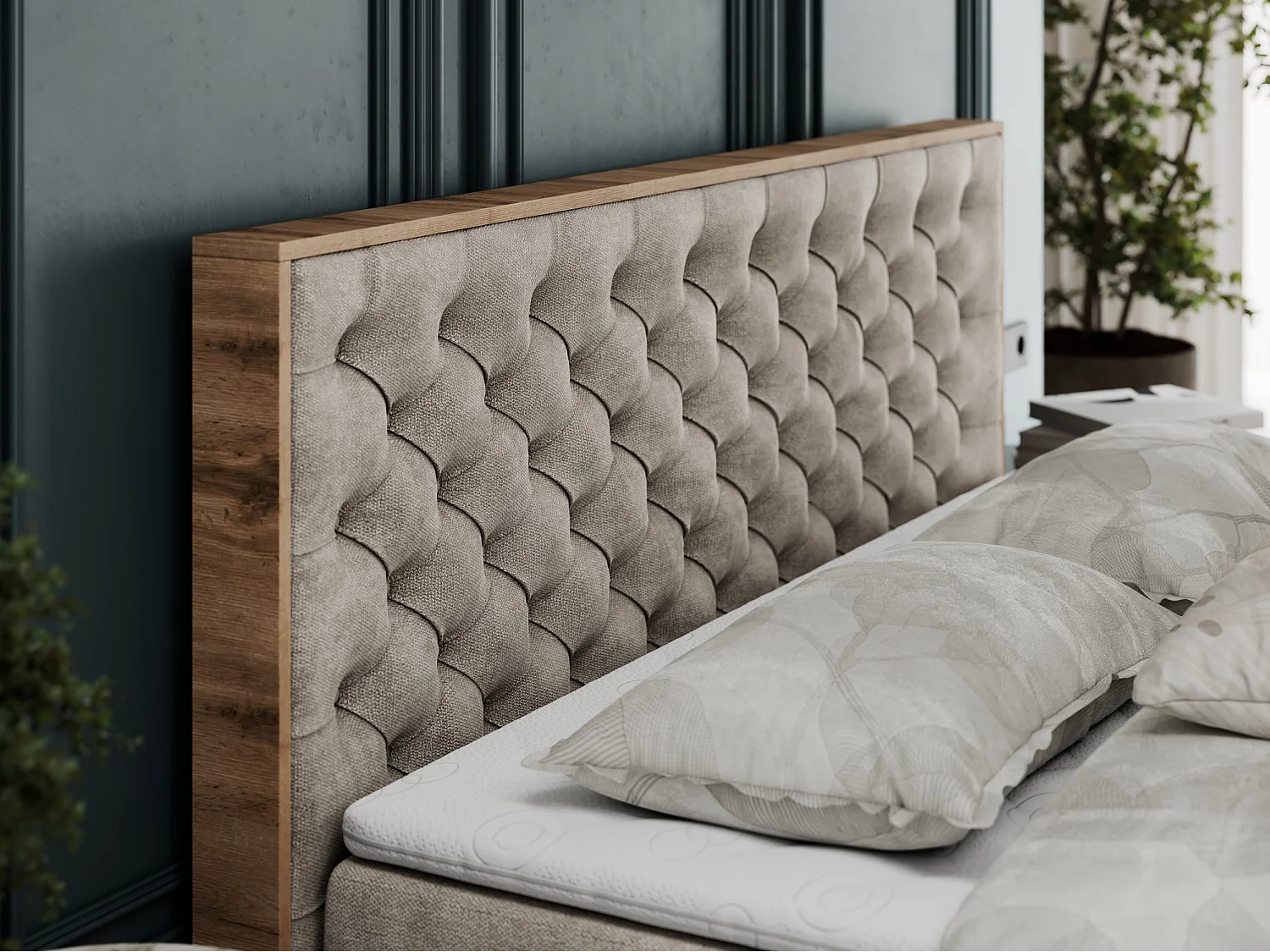 Boxspringbett ALBERO 3 - gesteppte Kopfstütze, Eiche Wotan Holzrahmen, Stauraum - 120x200 cm - H3 - Beige Strukture
