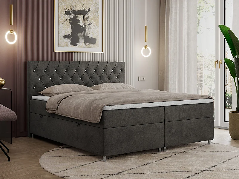 Boxspringbett ROMA mit gestepptem Kopfteil, Multipocket-Matratze, dekorative Füße - 180x200 cm - H4 - Dunkelgrau Velvet