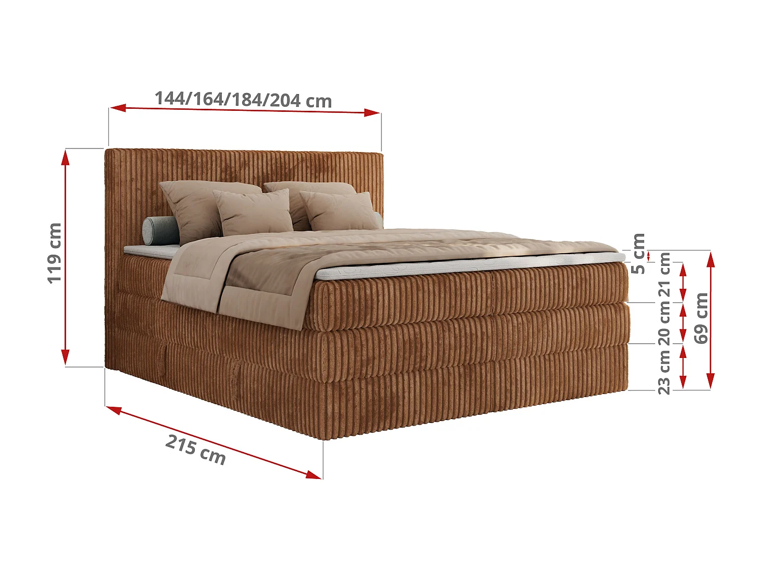 Boxspringbett TILIANO KING, Multipocket-Matratze, Cord Bett, Kopfteil und zwei Bettkästen - 200x200 cm - H4 - Orange Cord