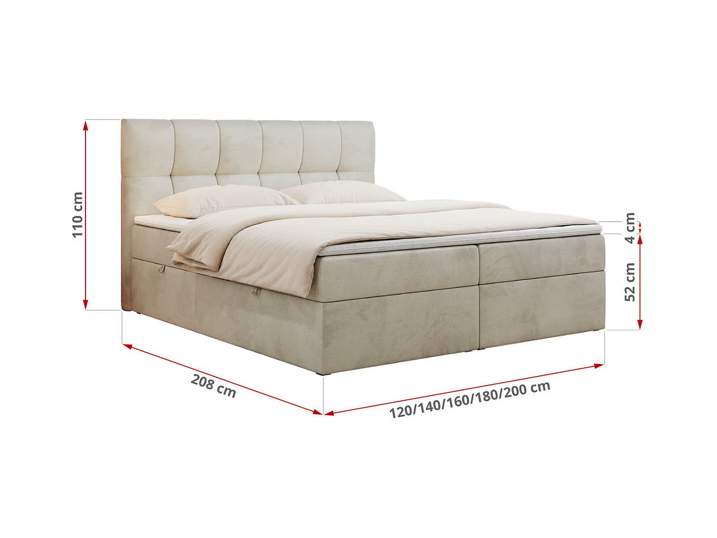 Boxspringbett RICO, Doppelbett mit Matratze, zwei Bettkästen, Bett mit Kopfteil - 180x200 cm - H4 - Beige Velvet